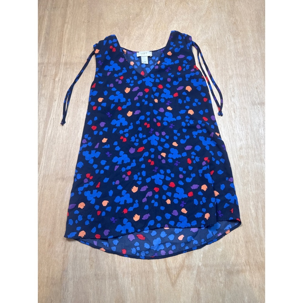 Loft Sleeveless Blouse Womens XS Blue Multi Excellent Abstract V-Neck Tie Top